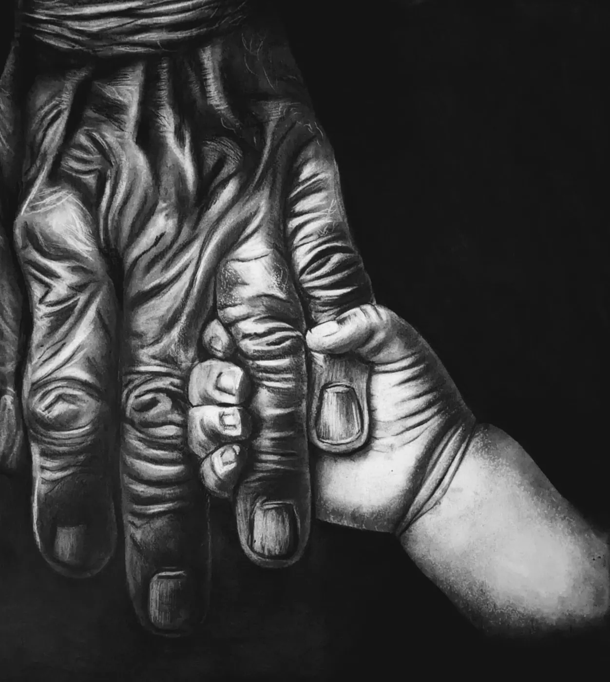 A Grandfather's Hands — charcoal drawing, generations held in a single gesture