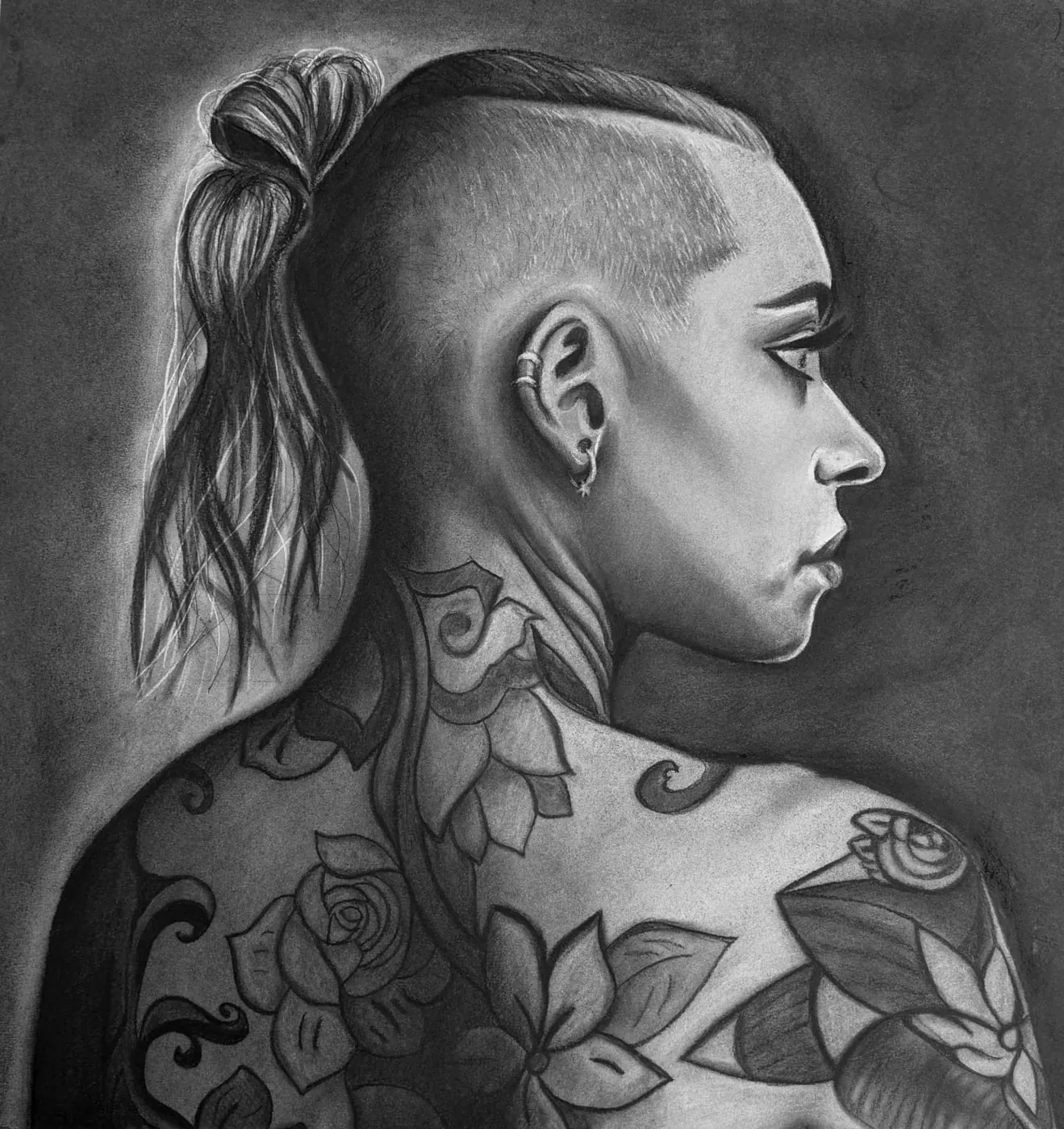 Adorned — charcoal drawing, the body as canvas, ink and flesh in dialogue