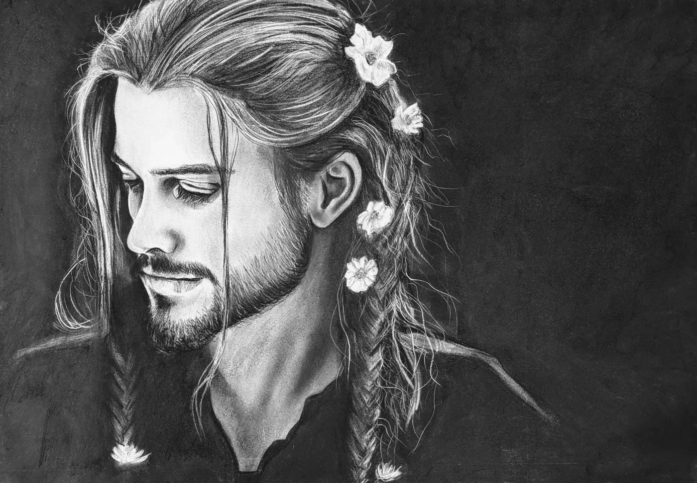 Masculinity — charcoal portrait, softness as strength, tenderness and bloom